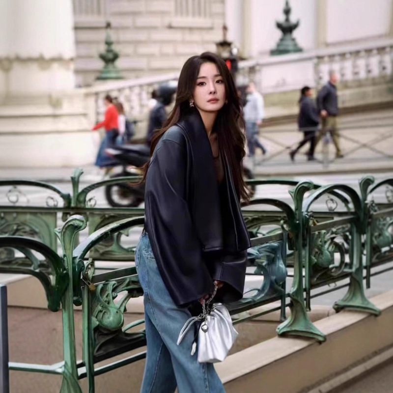 2025 New Autumn and Winter Yang Mi Same Style High Version Lambskin Leather Jacket Loose Slimming Look Genuine Leather Goatskin Jacket 2025 New Autumn and Winter Yang Mi Same Style High Version Lambskin Leather Jacket Loose Slimming Look Genuine Leather Goatskin Jacket