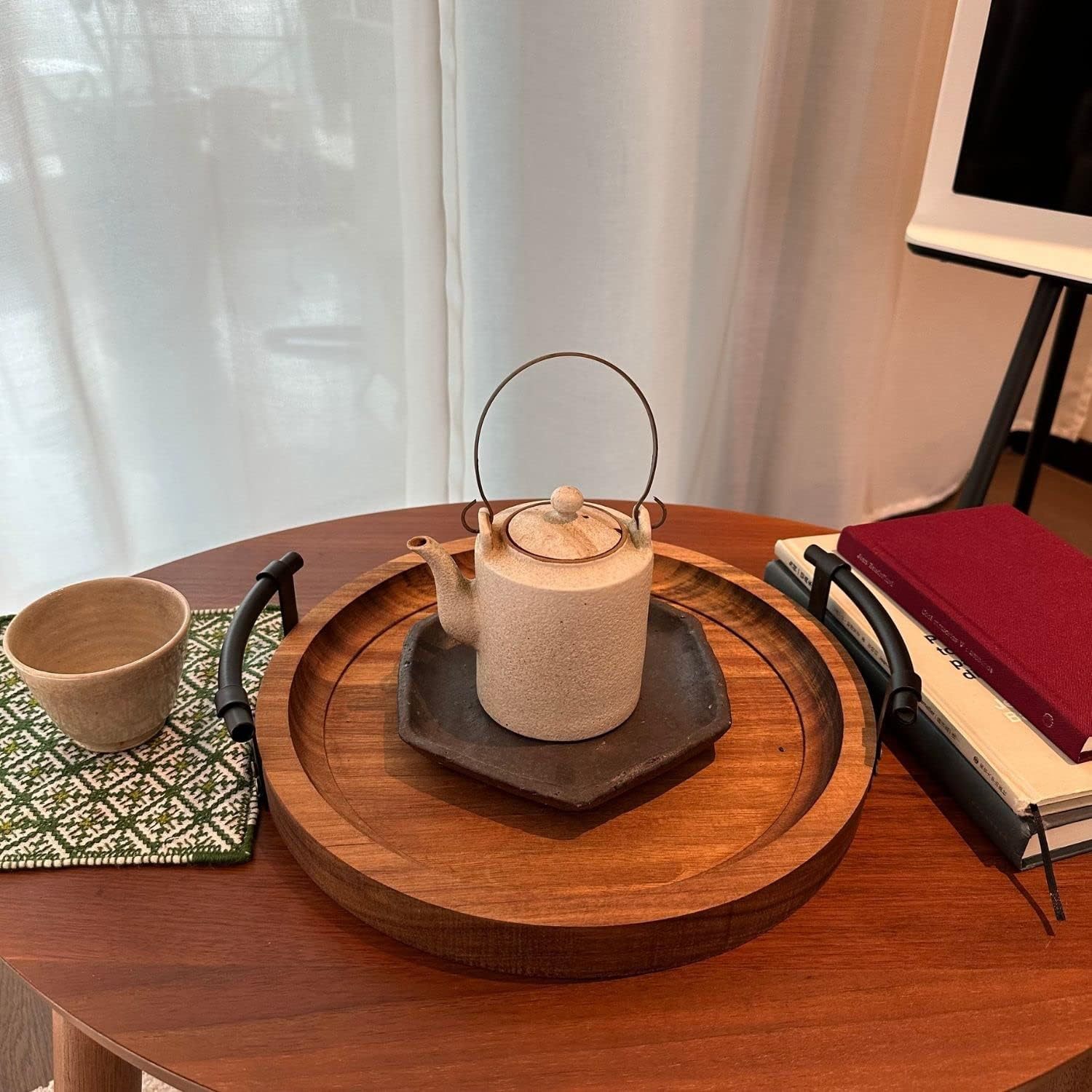 跨境家用实木茶托盘简约酒店餐盘木质圆形带把手糖果瓜子盘