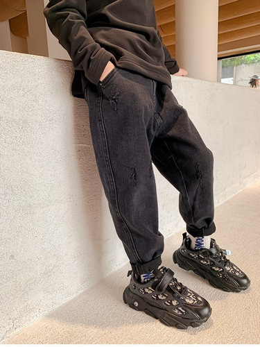Factory Direct One-Piece Fleece Spring Autumn Winter Thickened Boys' Denim Padded Pants Trendy Loose Children's Pants Dropshipping One Piece