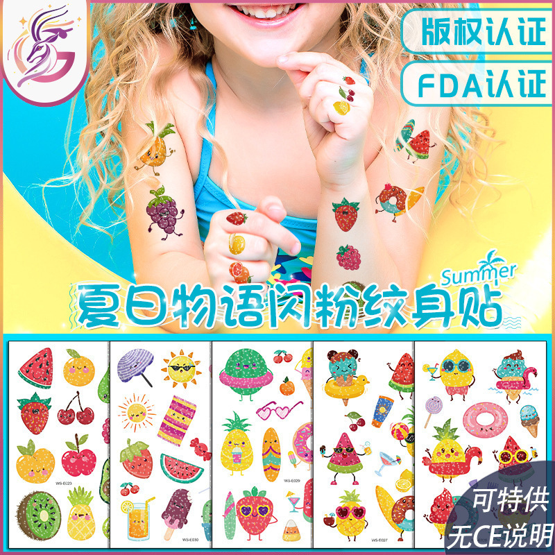 Glitter Kidsren's Tattoo Stickers New Waterproof and Sweat Summer Story Vegetable and Fruit Cartoon Temporary Tattoo Stickers Hot Stamping