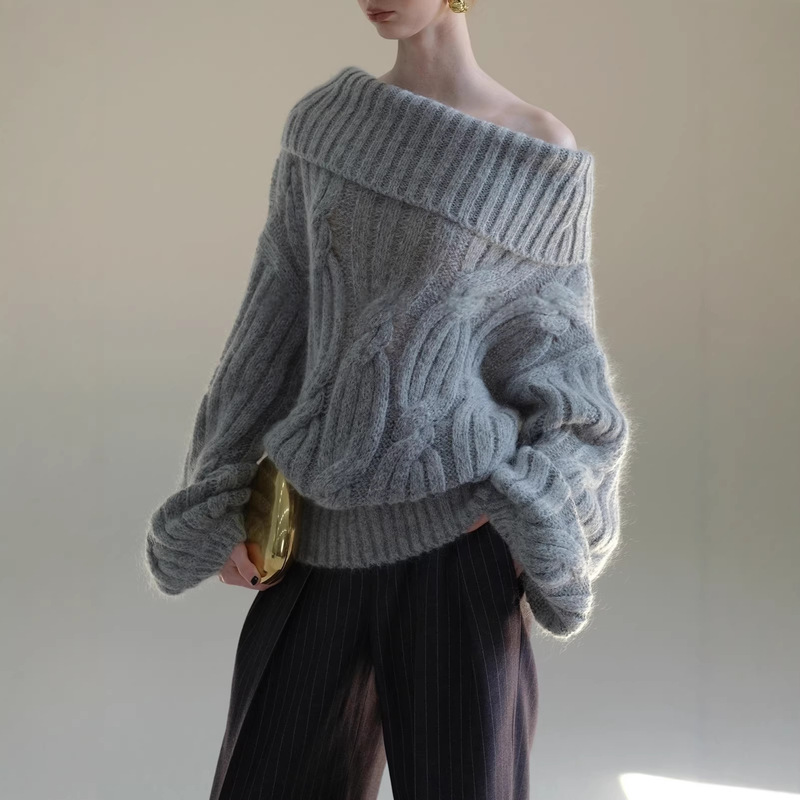 Mogas Heavyweight Mohair Wool Blend Lazy Lantern Sleeve Off-Shoulder Cable Knit Pullover Sweater for Women Spring and Autumn Mogas Heavyweight Mohair Wool Blend Lazy Lantern Sleeve Off-Shoulder Cable Knit Pullover Sweater for Women Spring and Autumn