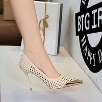 2727-3 French style exquisite high heels women's versatile shallow mouth hollow weave fine heel metal small pointed temperament single shoe