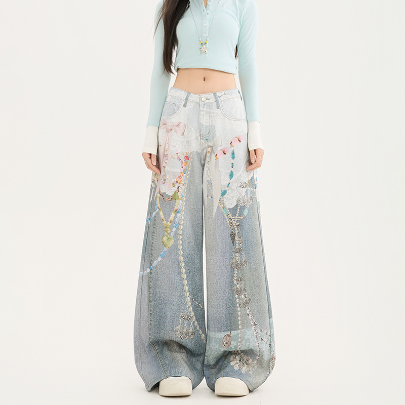 Lace 3D Printed Chain Pattern Straight-Leg Jeans for Women 2026 Spring and Autumn New Style Loose and Stylish Wide-Leg Pants Lace 3D Printed Chain Pattern Straight-Leg Jeans for Women 2026 Spring and Autumn New Style Loose and Stylish Wide-Leg Pants