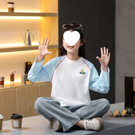 Y6U中大童纯棉条纹插肩袖撞色上衣女2026春秋新款长袖t恤儿童打底