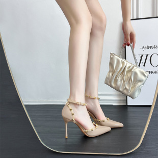 French nude pointed beautiful high heels women 2024 new spring and summer Liu Ding sexy sandals rivet shoes women