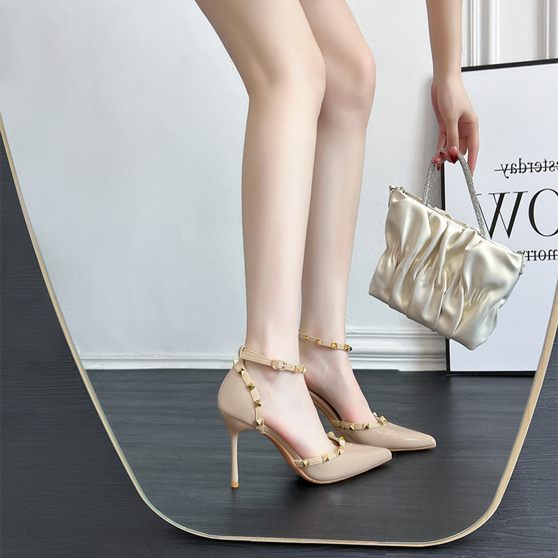 French-Style Nude Pointed-Toe High Heels for Women, 2024 New Spring and Summer Studded Sandals, Rivet Single Shoes, Women's Stiletto Heels