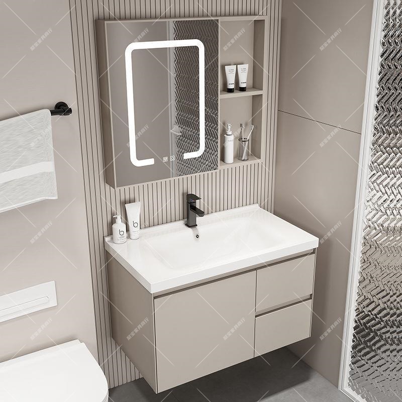 （抖音凯）奶油风洗脸盆台面一体小户型浴室柜陶瓷一体盆洗手