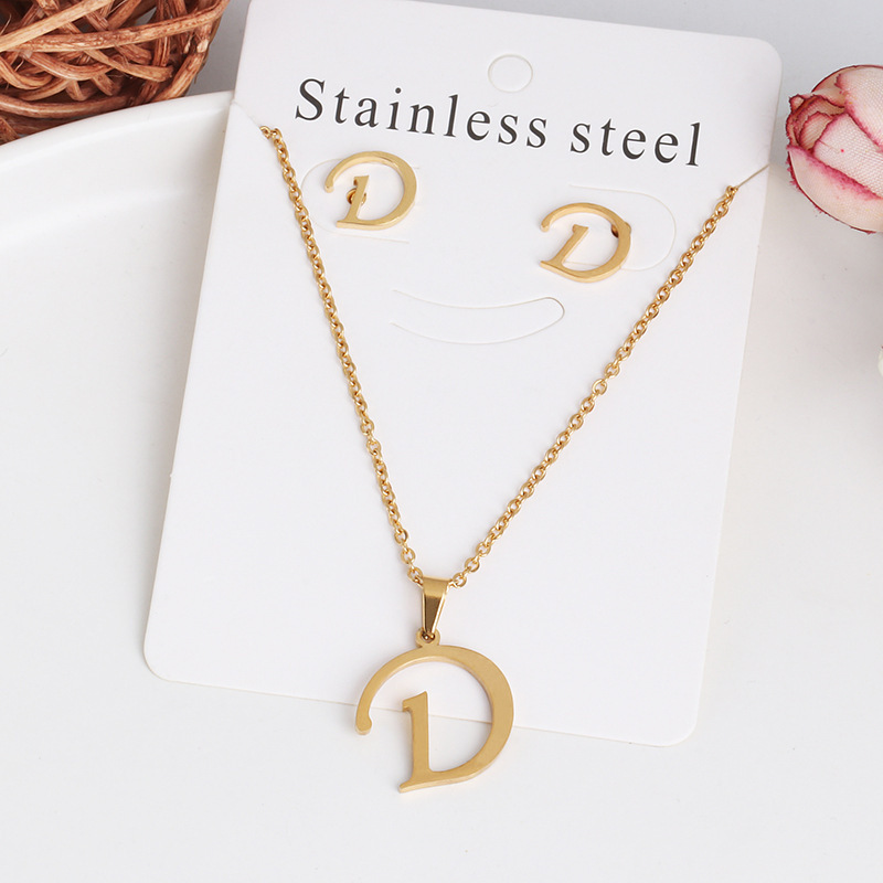 New stainless steel 26 letter female necklace earring set, fashionable and atmospheric, summer non fading accessories_voghion.com