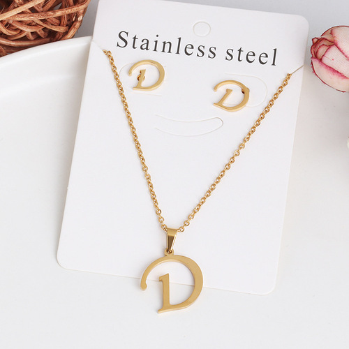 Stainless steel 26 English letter women's necklace earring set elegant summer colorfast accessories letter necklace