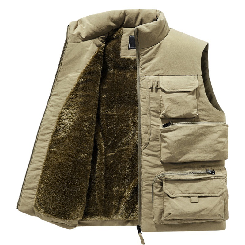 Forro de lana espesado chaleco multi-Bolsillo ropa de trabajo chaleco al aire libre fotografía abajo Chaleco de algodón más tamaño chaleco moda para papá