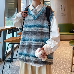 Niche lazy knitted vest national fashion brand spring American couple loose oil painting rainbow color gradient vest sweater
