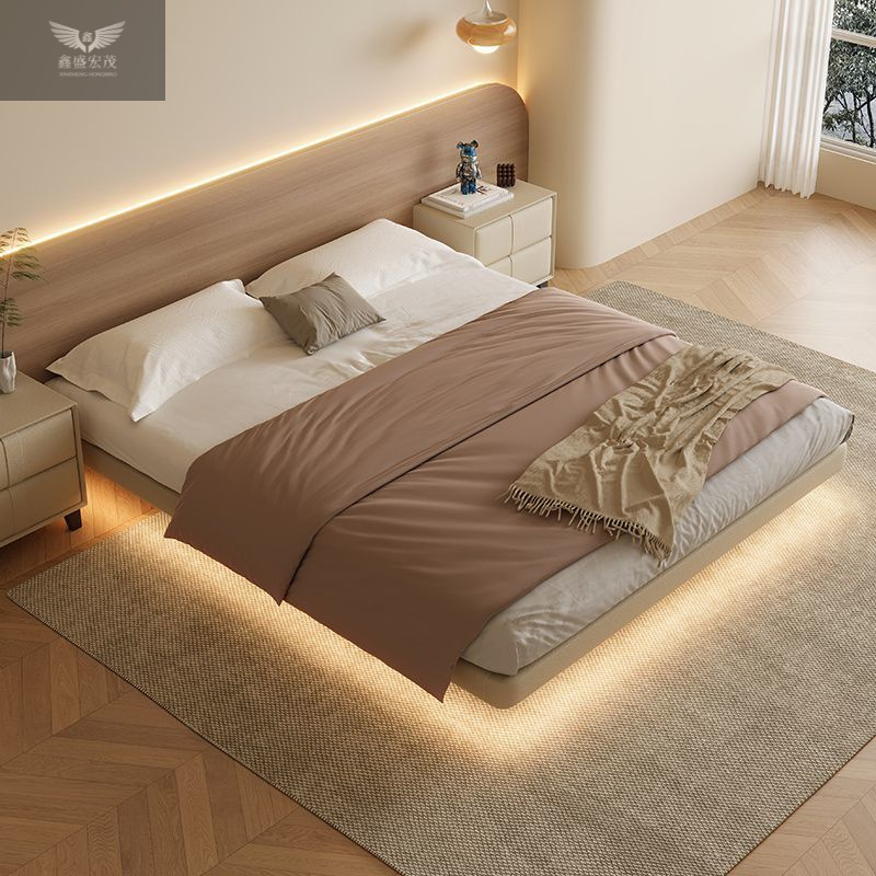 Cama de almacenamiento de suspensión sin cabecera de cama de caja moderna y simple, cama de cuero de ahorro de espacio.