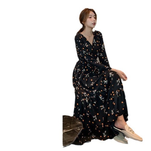 Korean floral chiffon dress 2024 new spring and autumn long-sleeved sisters waist mid-length platycodon long skirt