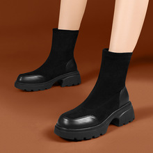 黑色短筒靴子2024新款洋气圆头瘦瘦靴马丁靴厚底短靴百搭时尚女靴