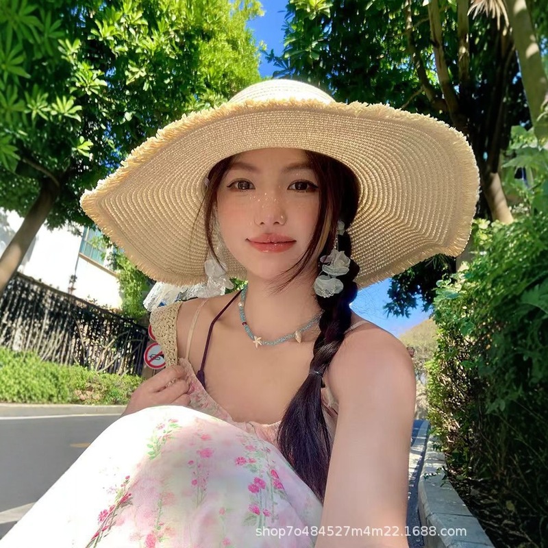 蕾丝蝴蝶结大帽檐沙滩草帽女2025年春新款海边遮阳防晒太阳帽子潮|undefined
