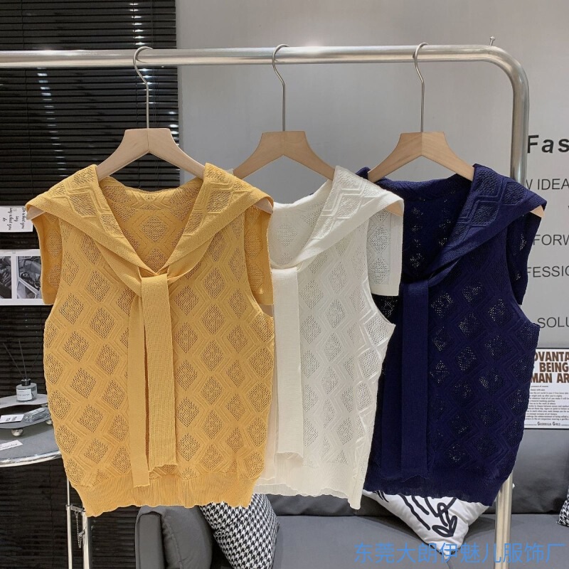 Korean Navy Collar Elegant Cut Out Ins Women's Outer Wear Design Summer New Pure Color Sleeveless Vest Knitted Top
