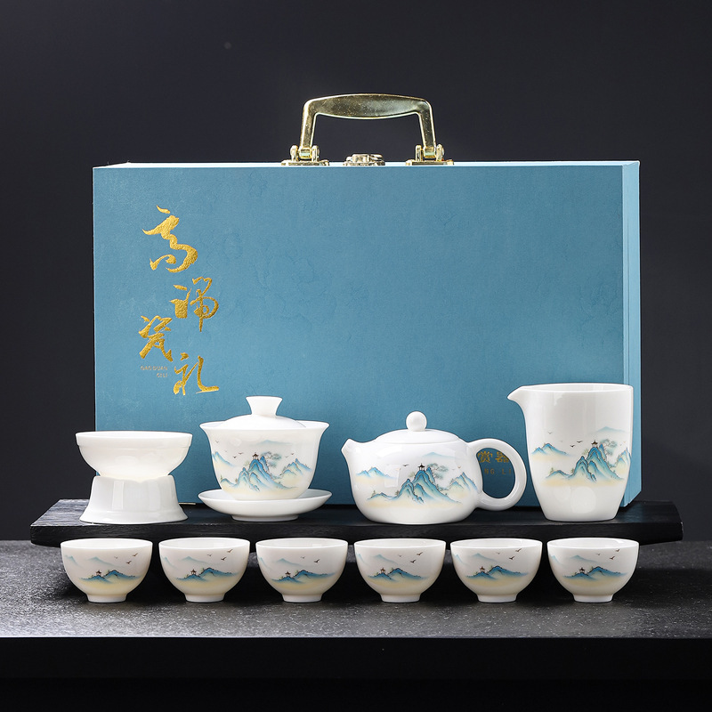 White Jade New White Porcelain Kung Fu Tea Set for Home Office Meeting Room Guest Light Luxury High-End Gift Box with Logo