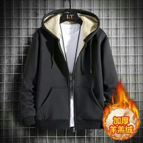 Winter velvet and thick hooded cardigan for men's new trend all-matching warm lamb cashmere coat for men's cotton coat