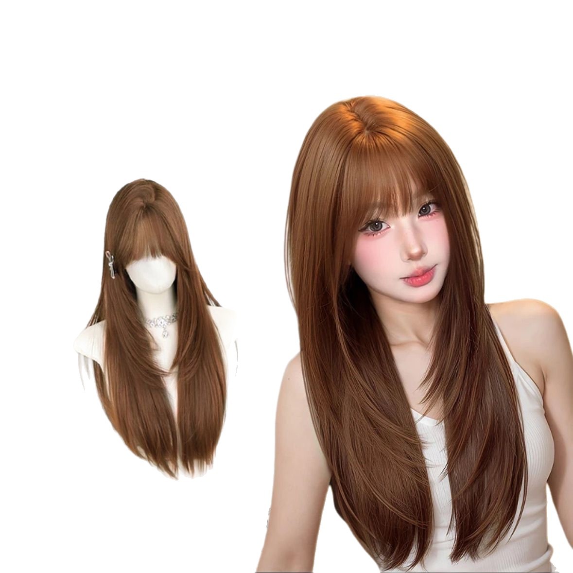 Koni Wig [Honey Orange] Full Head Costume Vintage Japanese Style Side Bang Orange Brown Long Layered Wig