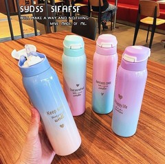 インスタグラム風グラデーションカラーの跳ね上げ式蓋付きステンレス製保温水筒、持ち紐とダックビルストロー付き、メーカー卸売ギフトボックス入り