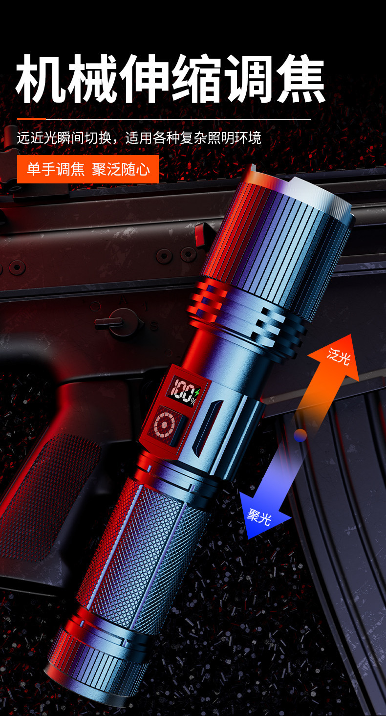 Flashlight with Strong Light, Rechargeable, Ultra-Long Battery Life, Large Capacity, Military Outdoor Use, Ultra-Bright, Small, Portable, Durable, Household Light