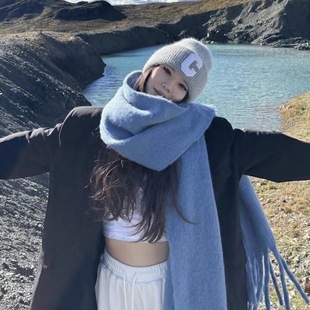 Tonglu Manufacturer's New Pure Color Haze Blue Scarf Women's Winter Fluffy Brushed Thickeneded Student White Warm Scarf