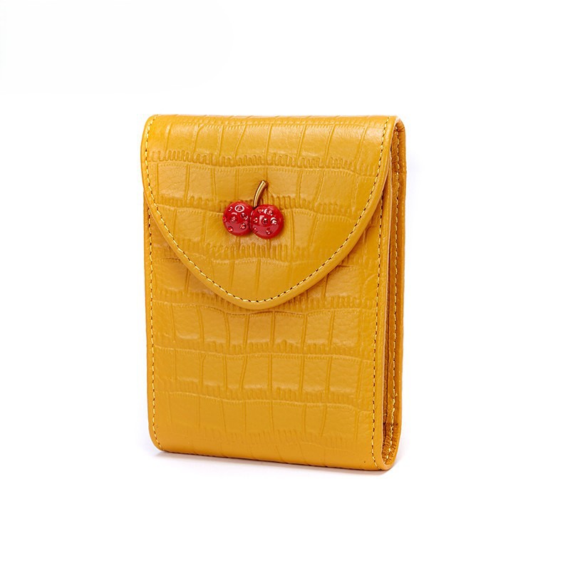 Genuine Leather Card Holder & ID Wallet for Women - New Cherry Design, Compact Vertical Cute Coin Purse & Short Wallet - Thumbnail 6