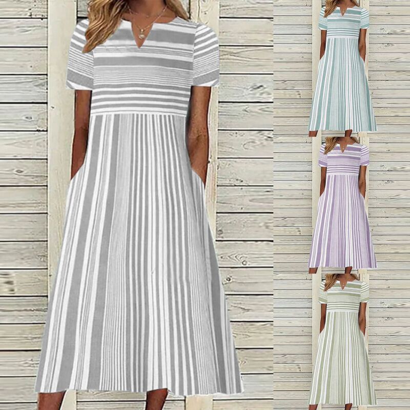 European and American Cross-border Women's Fashion Plaid Irregular Stripe Printed V-neck Short-sleeved Pocket dress Dress in stock