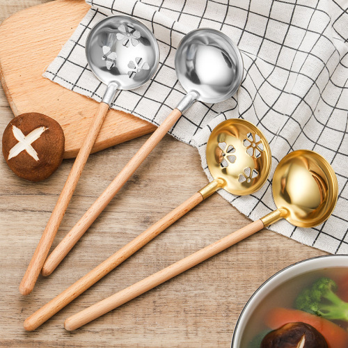Factory direct supply golden 304 stainless steel hot pot spoon Japanese style wooden handle creative flower colander small soup shell cooking spoon