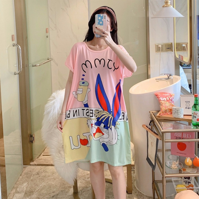 Camisón de manga corta de verano de dibujos animados dulce falda cultural delgada suelta más pijamas de tamaño vestido de mujer ropa para el hogar Comercio exterior