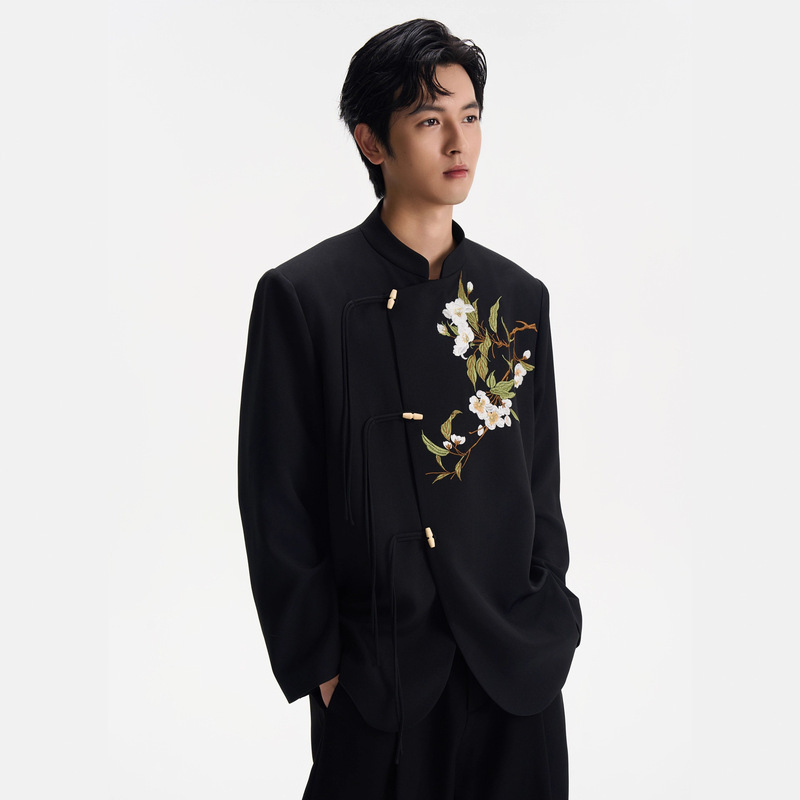 New Chinoiserie Flower Embroider Dk Suit Jacket Men's Autumn and Winter Engagement Suit Korean Style Casual Suit Jacket