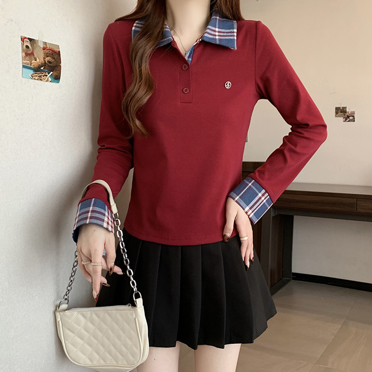 2025秋季新款胖mm大码女美式复古拼接polo领假两件长袖T恤上衣|undefined