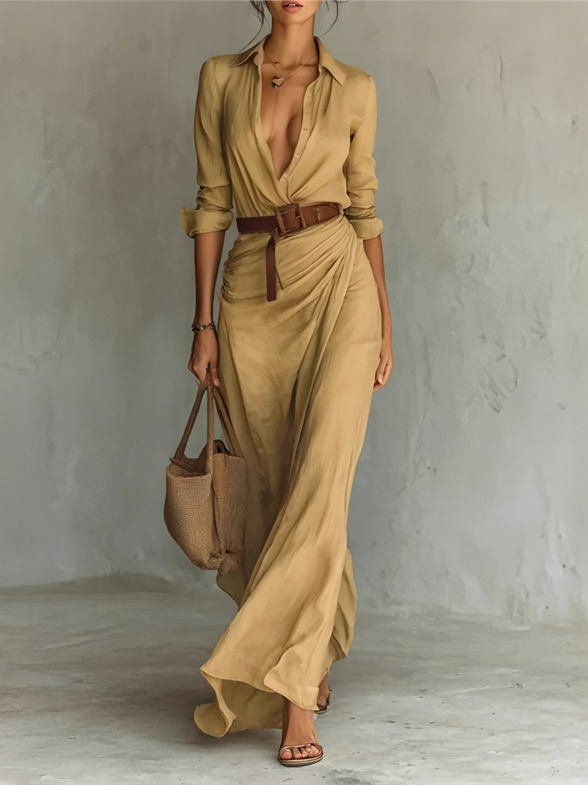 Women's Spring And Autumn Elegant Solid Color Irregular Pleated Dress With Belt_ecoleips.com