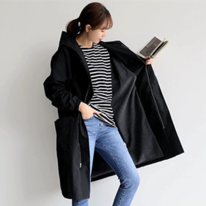 Внешняя торговля Женская 2023 осень и зима Новая приталенная талия с большим карманом Японская Повседневная Длинная ветровка с капюшоном