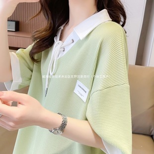 Polo Collar Splicing Short-Sleeved T-Shirt for Women Summer 2025 New Loose Korean Style Small Stylish Design Top
