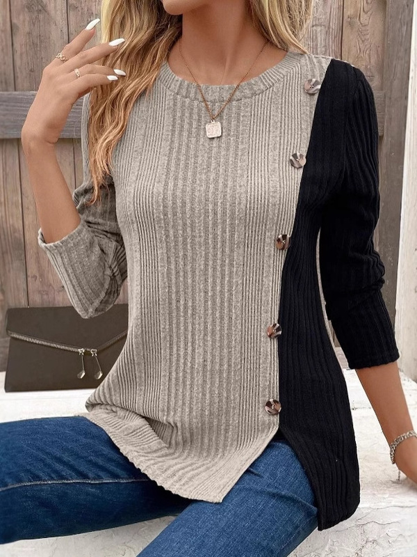 大量の既製品のヨーロッパとアメリカの独立したステーションの新しい女性用カラーブロックコントラストボタンボトムシャツスリットカジュアルトップス|undefined
