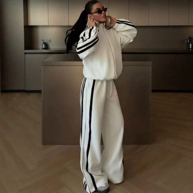 European and American style striped sports sweatshirt set, high-waisted wide-leg pants, versatile casual women's clothing, factory wholesale