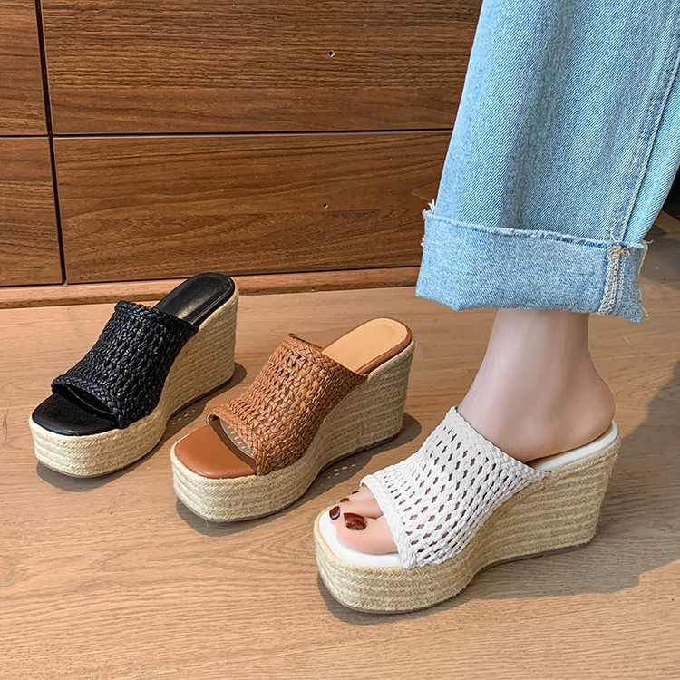Dép sandal nữ đế xuồng cao gót mũi vuông phong cách boho — nâu, đen, trắng