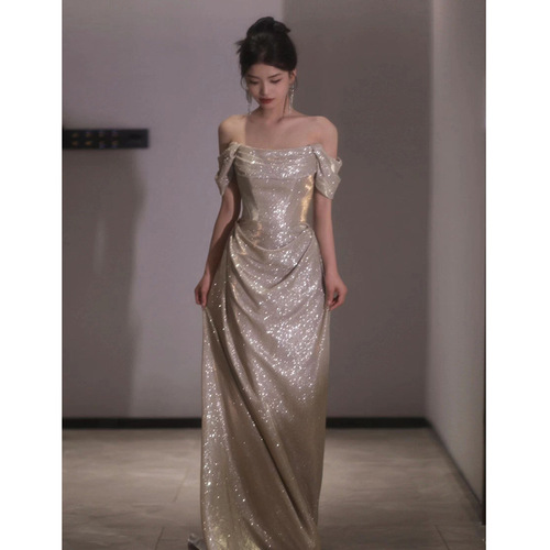 One-shouldered evening dress, new style, high-quality, bright and flashing, toasting dress, elegant banquet host, female