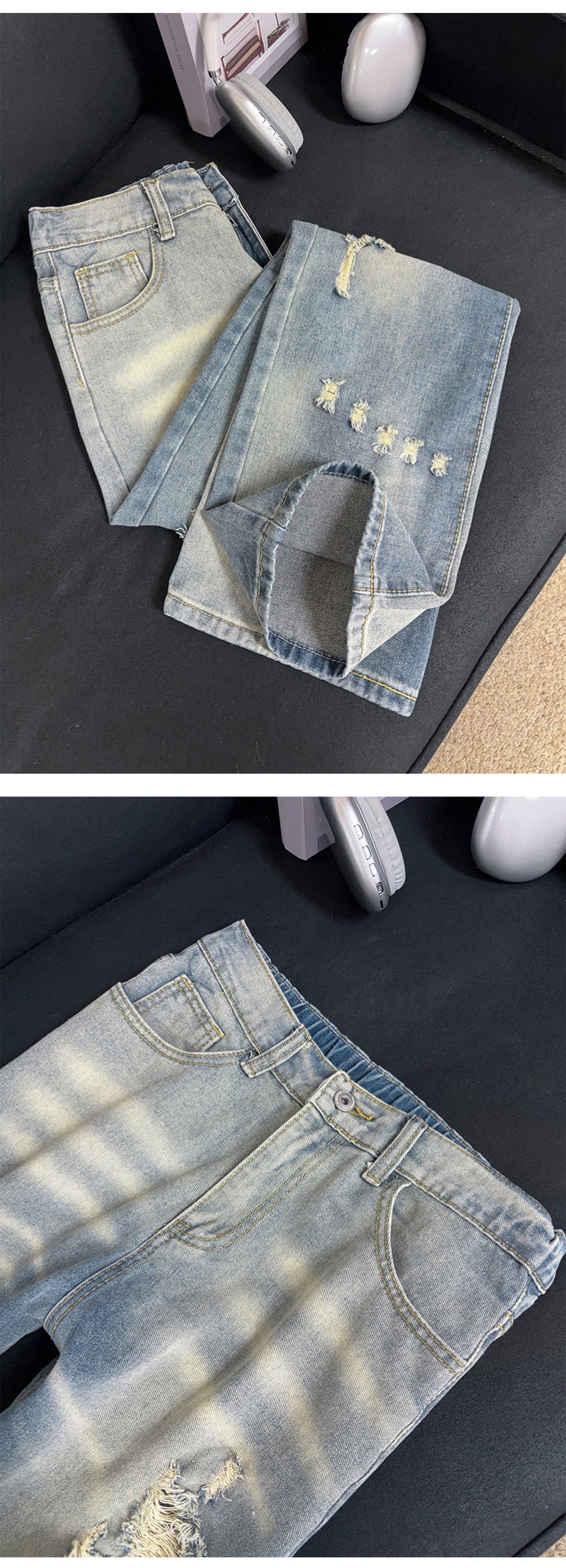 Men's Ripped Jeans High Street Style Slightly Flared Straight Leg Pants Trendy Brand Versatile Summer Design Wasteland Look_mkmklike.com