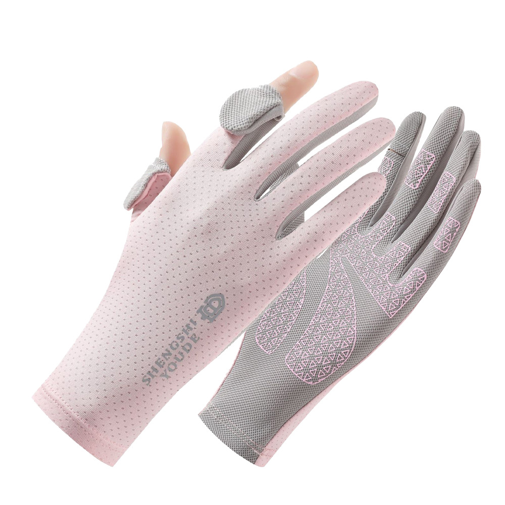 Guantes de protección solar para mujer, verano al aire libre, seda de hielo fina, deportes, conducción, conducción, antideslizante, dedos con fugas, guantes de pesca de dos dedos