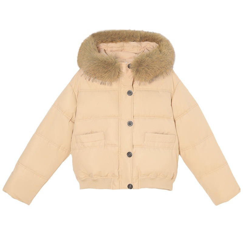 Comercio exterior corto de pluma de algodón mujer invierno 2024 pequeño engrosado chaqueta de algodón cálido abrigo de cuello de pelo grande chaqueta de algodón