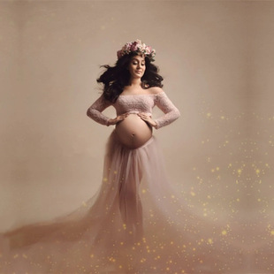 2023 European and American pregnant women sexy long sleeve lace dress mesh maternity dress foreign trade pregnant women Photo dress