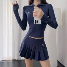 欧美风初秋新款翻领长袖弹力紧身打底T桖加高腰百褶裙显瘦套装