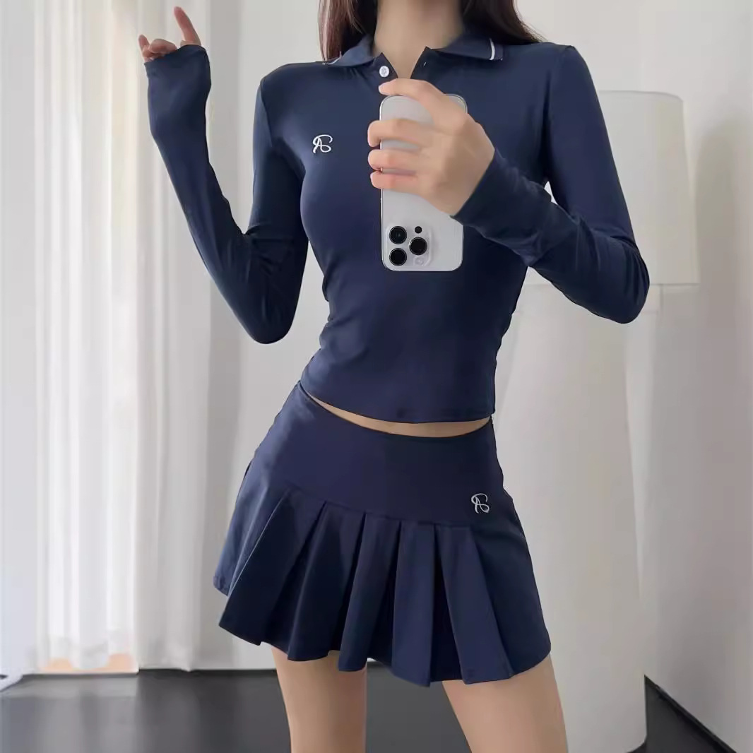 欧美风初秋新款翻领长袖弹力紧身打底T桖加高腰百褶裙显瘦套装