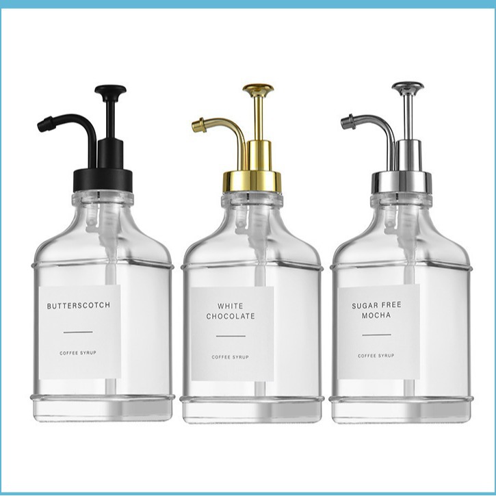 批发亚马逊方形晶白料玻璃500ml咖啡糖浆分配器奶茶糖浆瓶皂液器