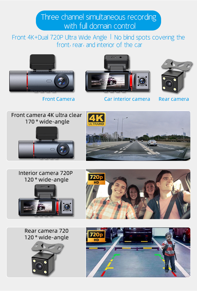 Cross-Border 4K High-Definition Night Vision 3.19inch Dash Cam with Three Lenses Recording Simultaneously from the Front, Inside the Car, and from the Rear, with Wifi