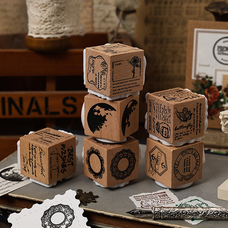 Impression Treasure Box Sello de mano de madera Sello retro transfronterizo de tres lados Libro de mano de bricolaje Sello de madera tres en uno