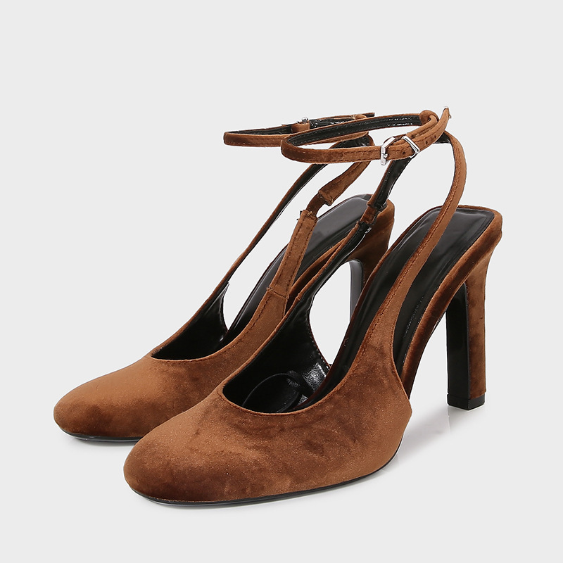 ZA2025 Spring New Women's Shoes Ankle Trip Belt Velvet Effect High Heels Shallow Mouth Single Shoes Women's Muller Shoes