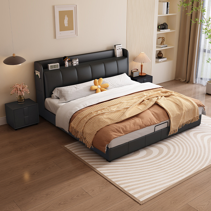 Italian light luxury leather bed, modern and simple master bedroom bed, small apartment wedding bed, Nordic storage minimalist leather bed